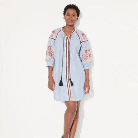 Romeo & Juliet Couture Embroidered Striped Boho ress Blue  White Sz L - Picture 1 of 10